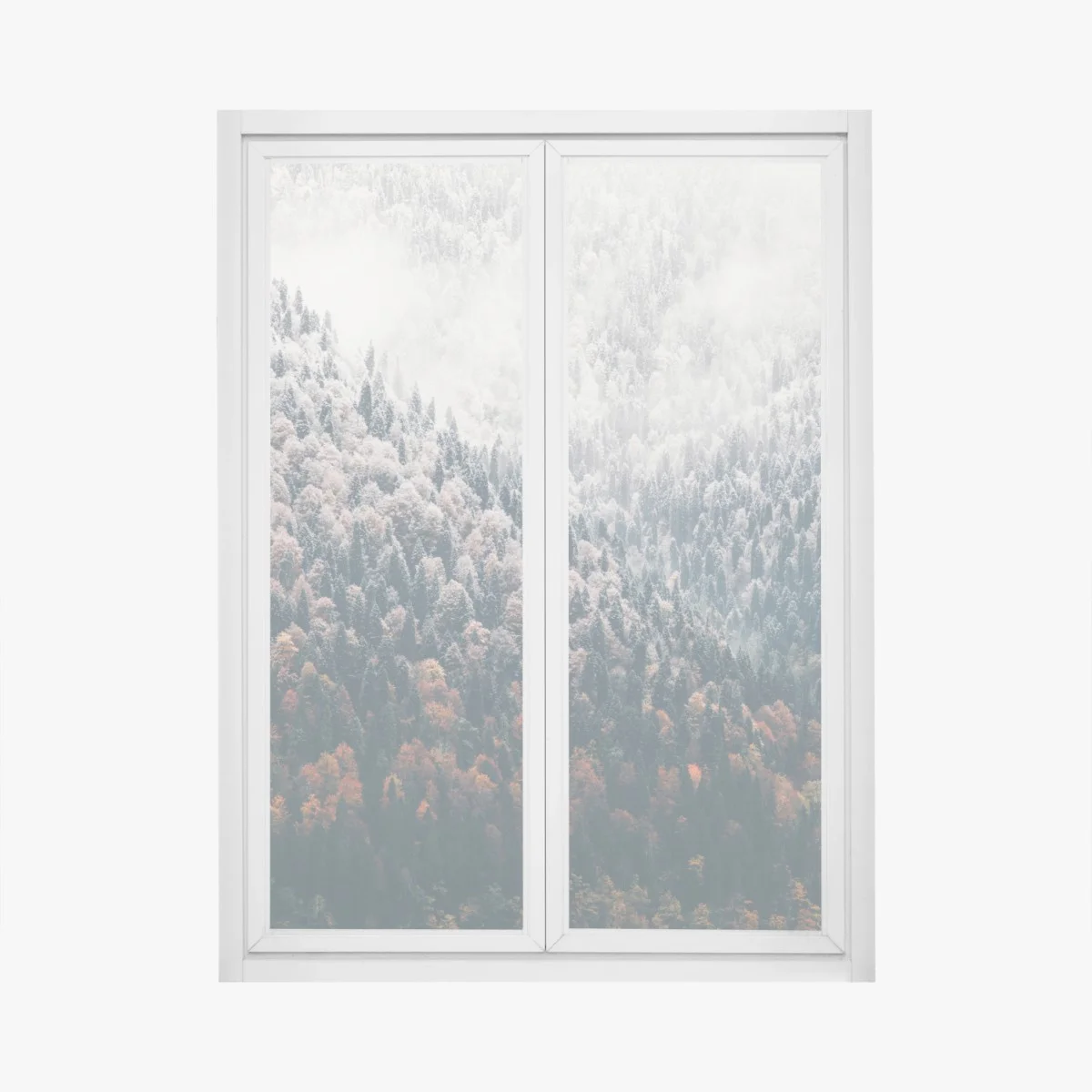 Window decal misty autumn forest on snowy mountain ⁕ Wallissimo® Window decal misty autumn forest on snowy mountain ⁕ Wallissimo®