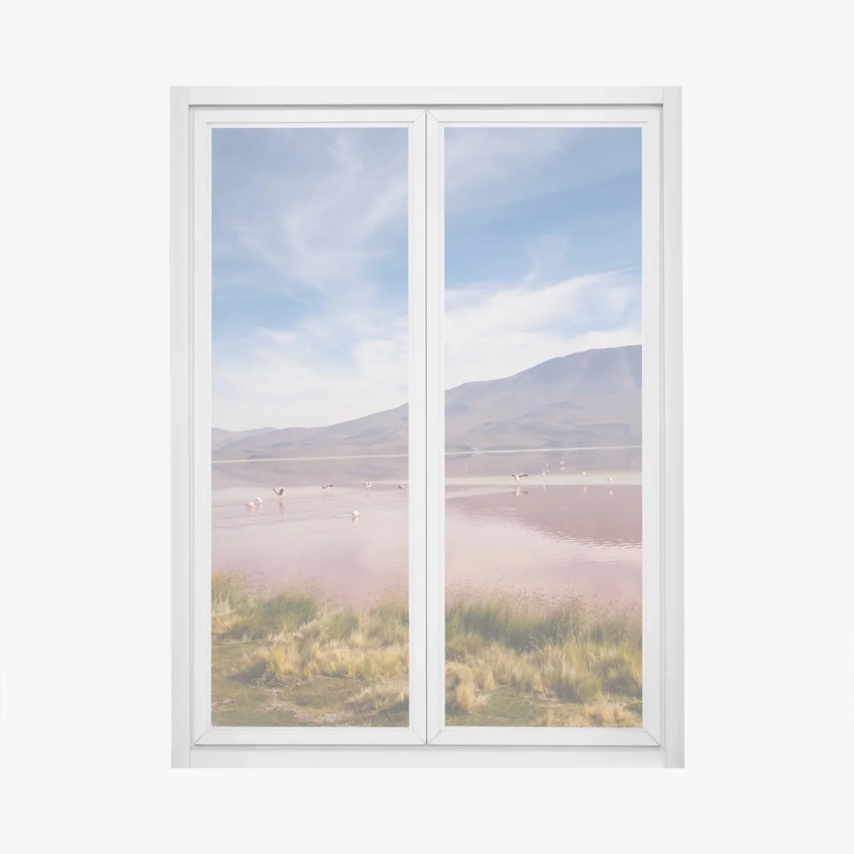 Window decal pink lagoon with flamingos and mountain reflection • Wallissimo® Window decal pink lagoon with flamingos and mountain reflection • Wallissimo®