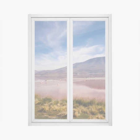Window decal pink lagoon with flamingos and mountain reflection • Wallissimo®