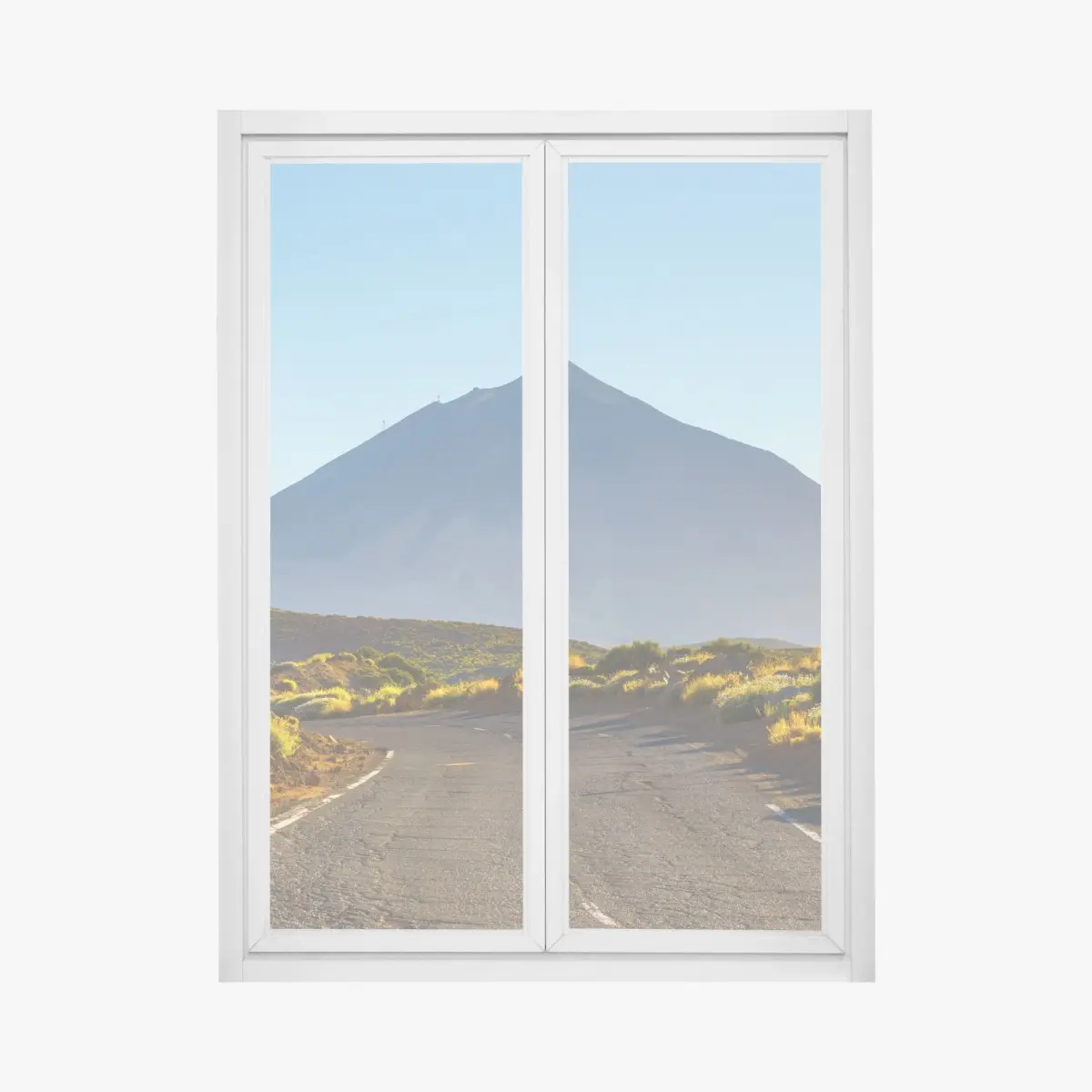 Window decal sunlit mountain road leading to a volcanic peak • Wallissimo® Window decal sunlit mountain road leading to a volcanic peak • Wallissimo®