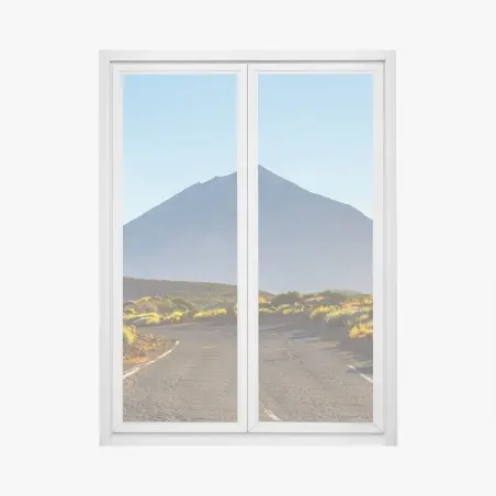 Window decal sunlit mountain road leading to a volcanic peak • Wallissimo®