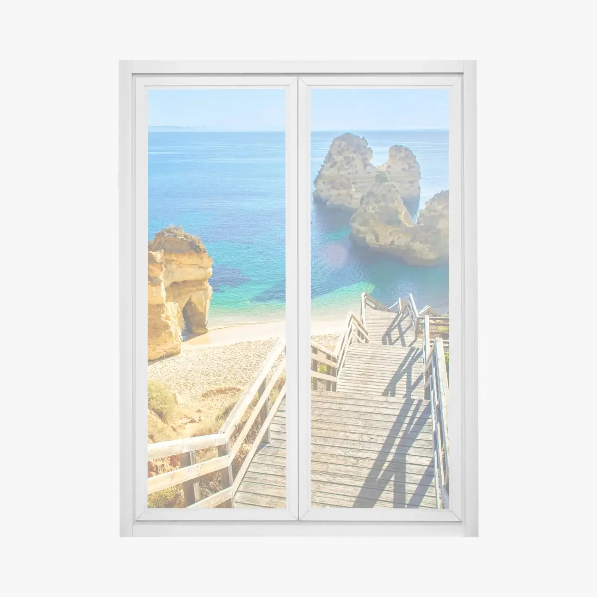 Window decal sunlit coastal steps to a turquoise cove • Wallissimo® Window decal sunlit coastal steps to a turquoise cove • Wallissimo®