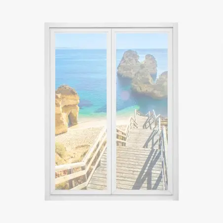 Window decal sunlit coastal steps to a turquoise cove • Wallissimo®