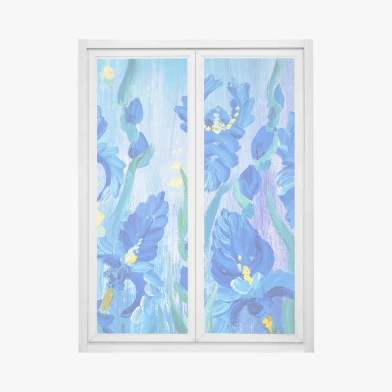 Window decal vibrant blue iris bouquet