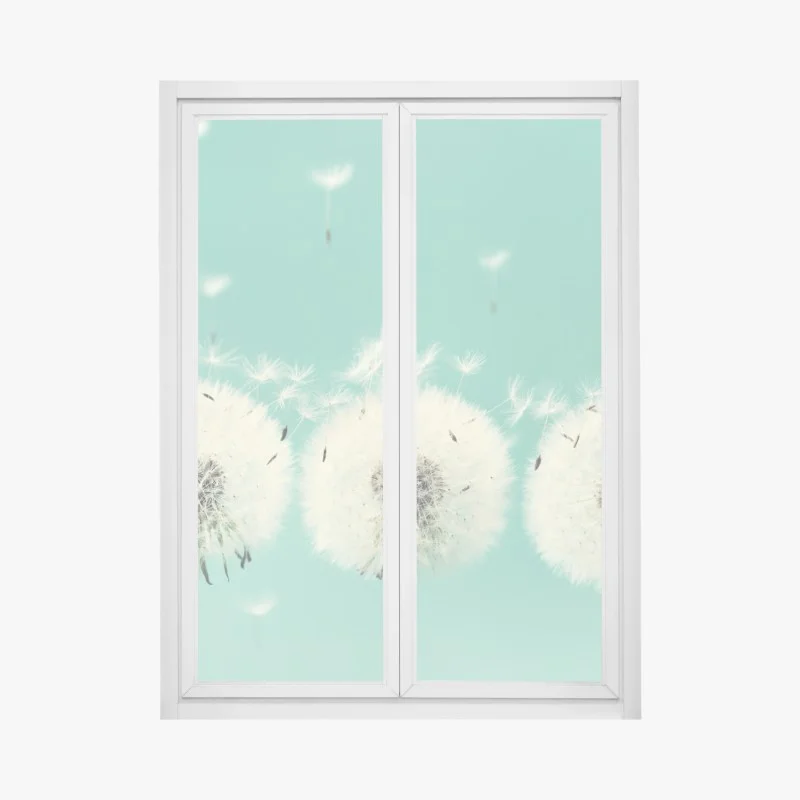 Window decal three dandelion puffballs on turquoise background