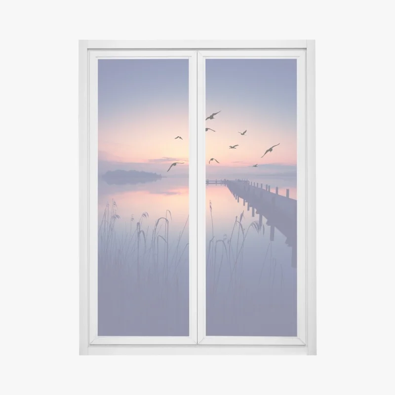 Window decal serene lakeside sunrise with birds