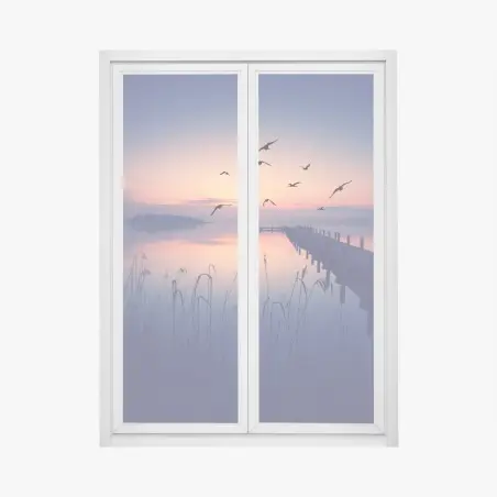 Window decal serene lakeside sunrise with birds • Wallissimo®