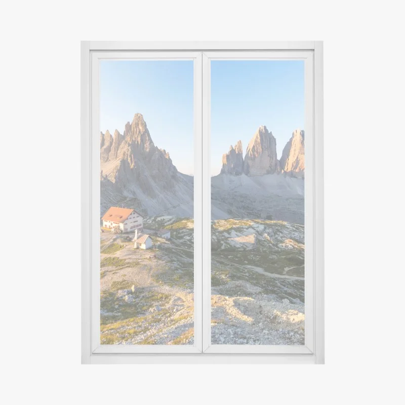 Window decal sunlit mountain refuge at dawn