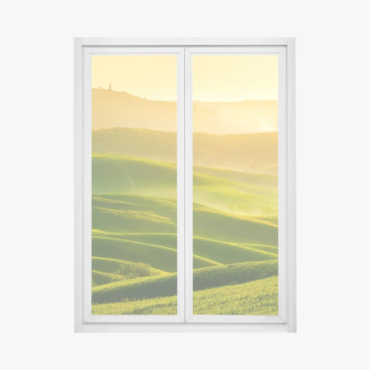 Window decal golden sunrise over rolling green hills • Wallissimo® Window decal golden sunrise over rolling green hills • Wallissimo®