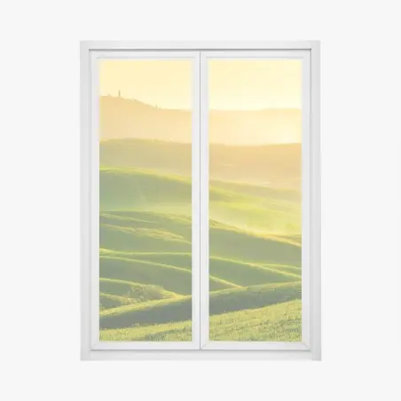 Window decal golden sunrise over rolling green hills • Wallissimo®