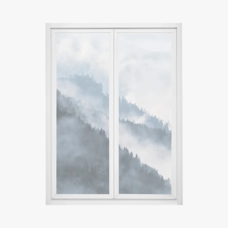 Window decal mist-covered mountain ridges