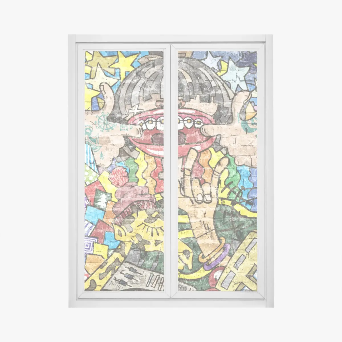 Window decal colorful graffiti mural with playful character • Wallissimo® Window decal colorful graffiti mural with playful character • Wallissimo®