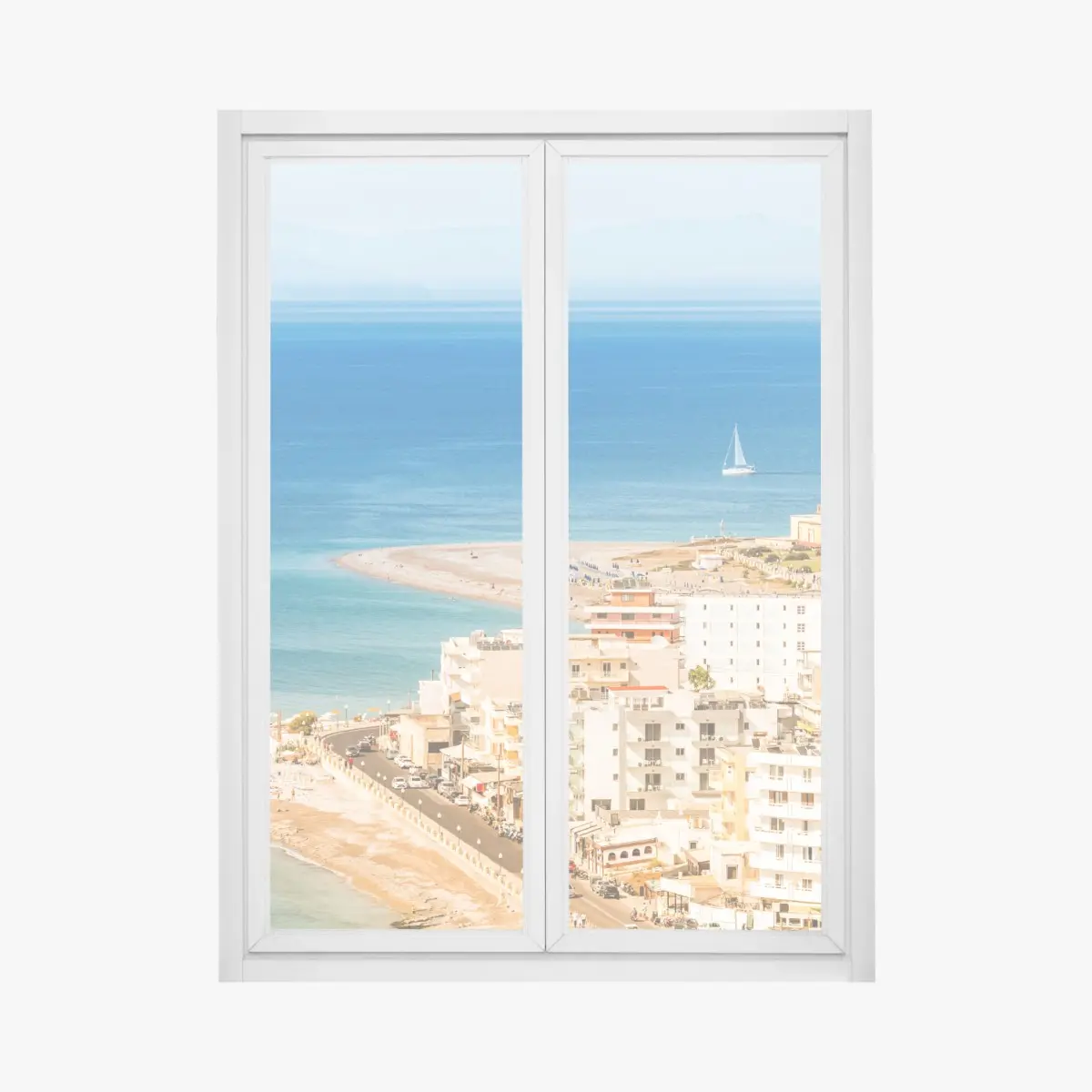 Window decal sunny coastal cityscape with sailboat • Wallissimo® Window decal sunny coastal cityscape with sailboat • Wallissimo®