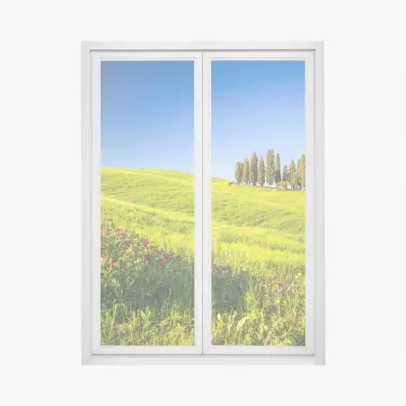 Window decal sunlit rolling green hills with cypress trees • Wallissimo®