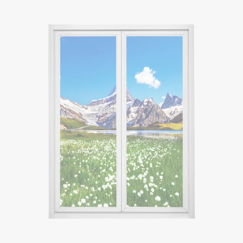 Window decal alpine mountain lake with wildflower meadow
