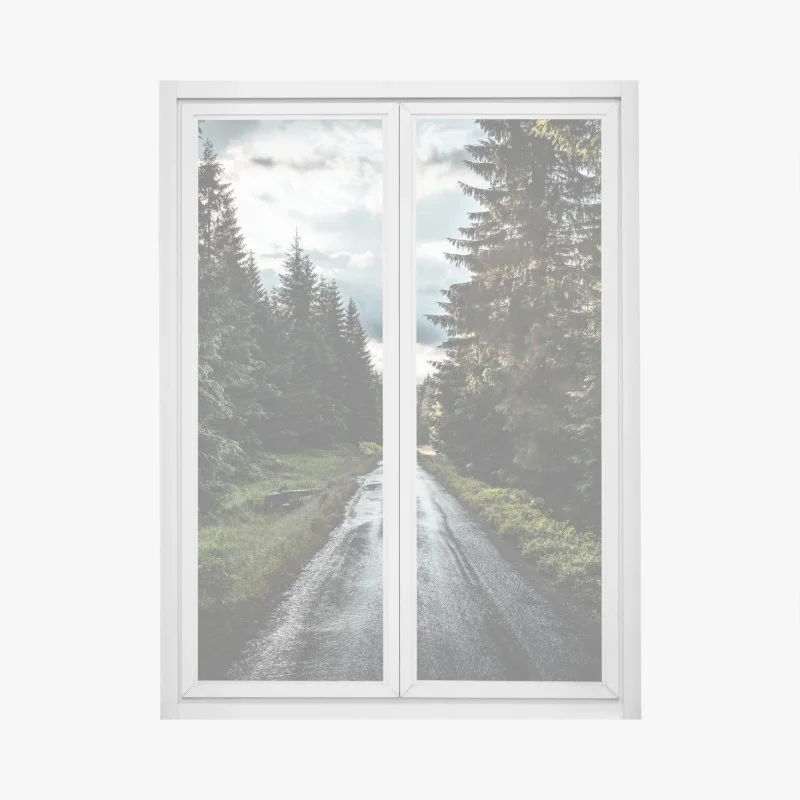 Window decal forest road through misty pines