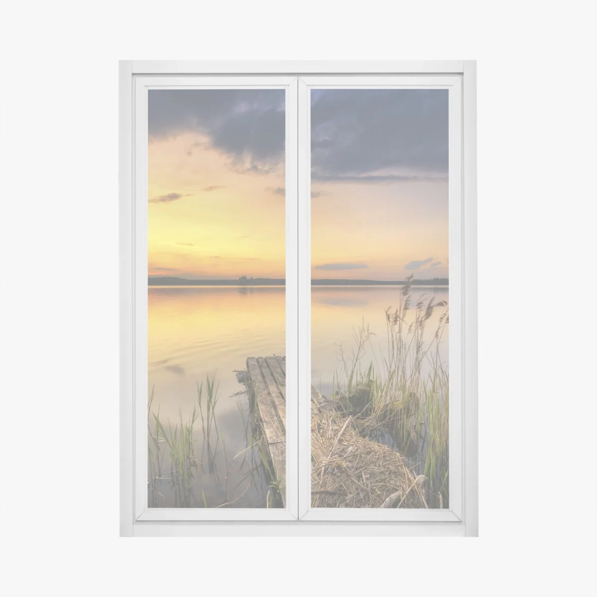 Window decal golden lake sunset over a quiet dock • Wallissimo® Window decal golden lake sunset over a quiet dock • Wallissimo®