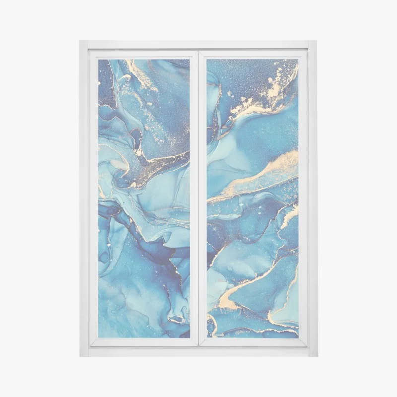 Window decal ocean blue and gold fluid abstract