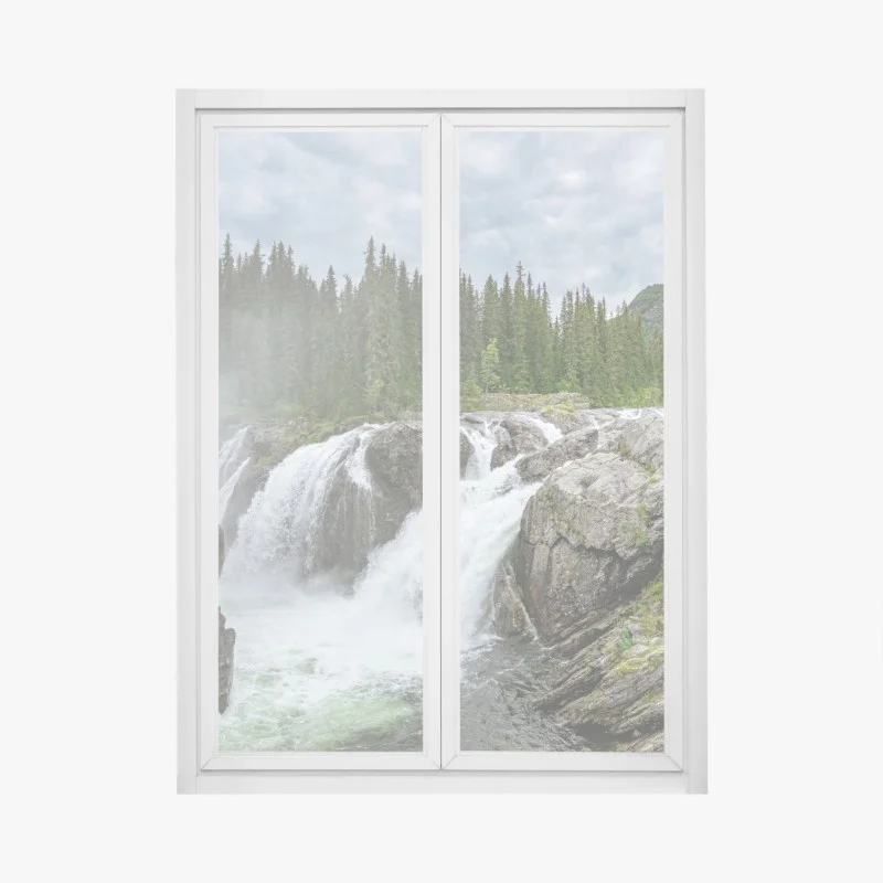 Window decal misty waterfall in a lush pine forest