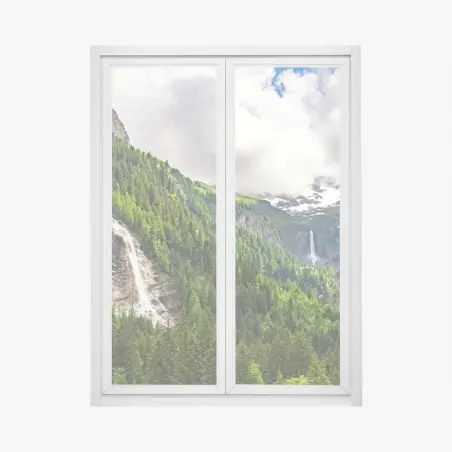 Window decal misty alpine waterfalls over lush pine valley • Wallissimo®