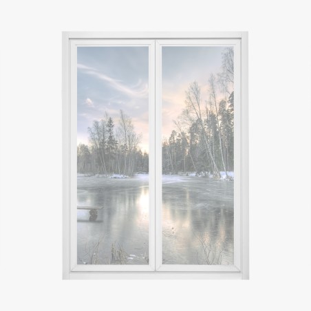 Window decal frozen lake at dawn with forest reflection • Wallissimo®