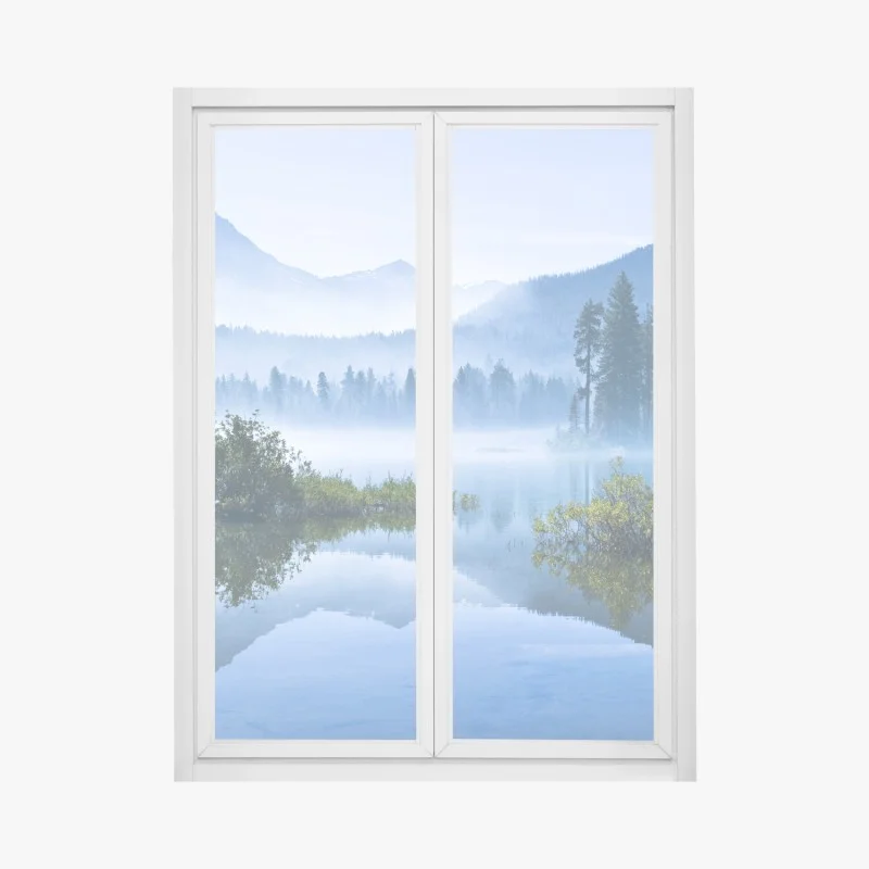 Window decal misty mountain lake reflection