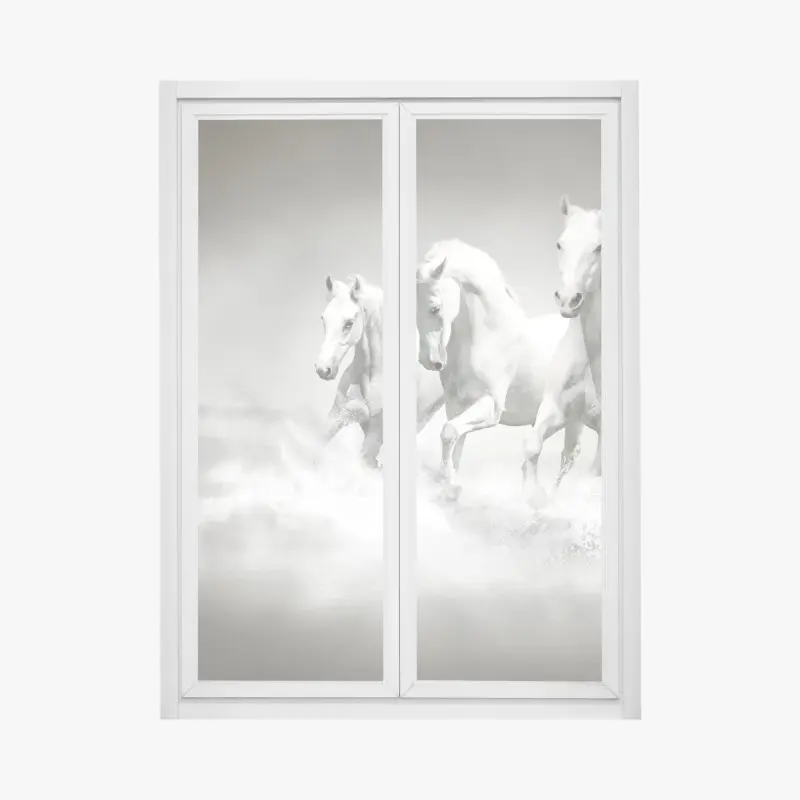 Window decal three white horses running through water
