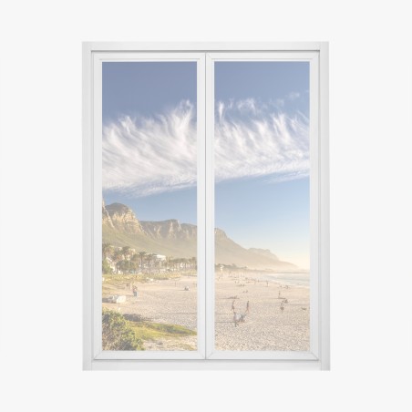 Window decal sunlit beach with mountain backdrop • Wallissimo®
