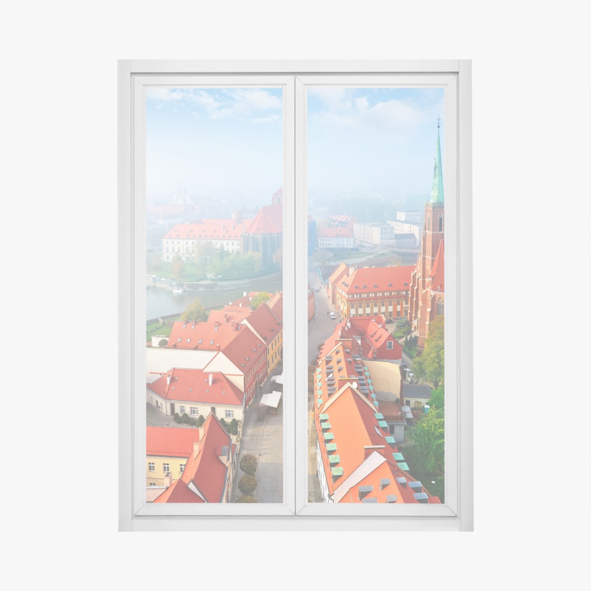 Window decal misty european cityscape with red rooftops ⁕ Wallissimo® Window decal misty european cityscape with red rooftops ⁕ Wallissimo®