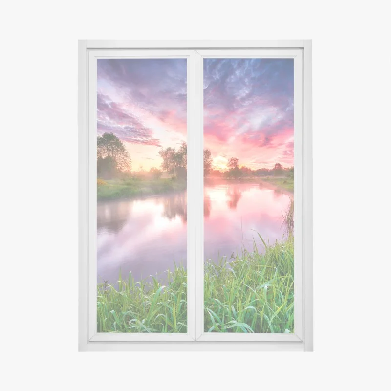 Window decal serene summer sunrise over river banks