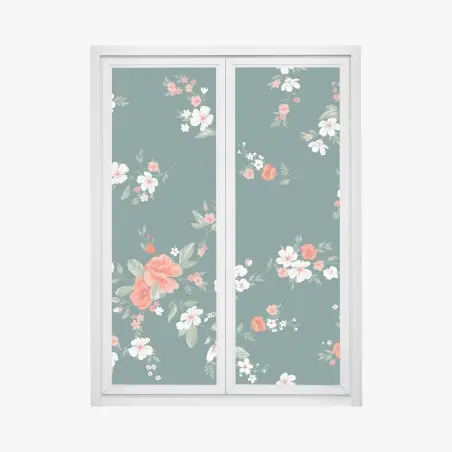 Window decal vintage coral floral pattern on deep green background • Wallissimo®