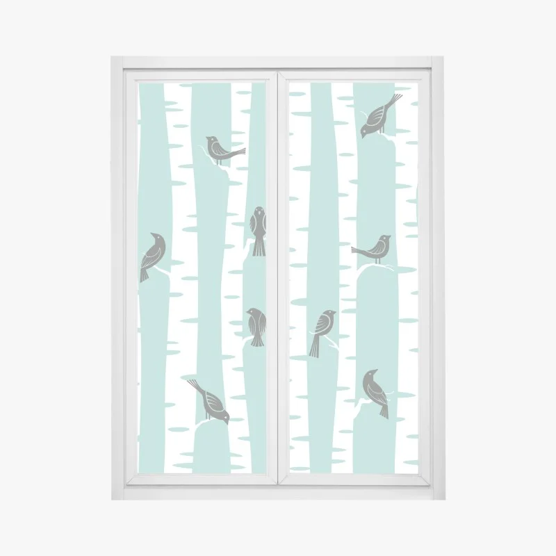 Window decal turquoise birch forest with birds