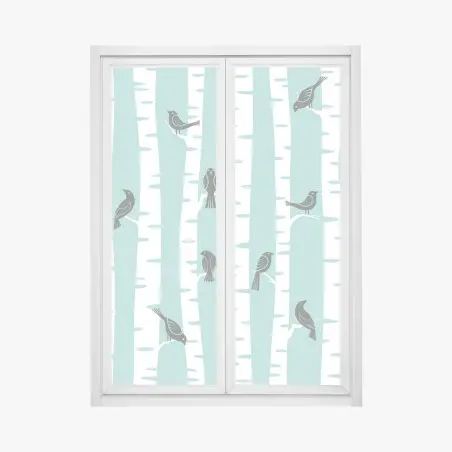 Window decal turquoise birch forest with birds • Wallissimo®