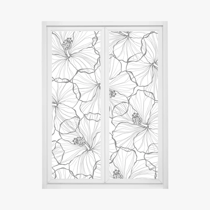 Window decal black and white hibiscus line art pattern