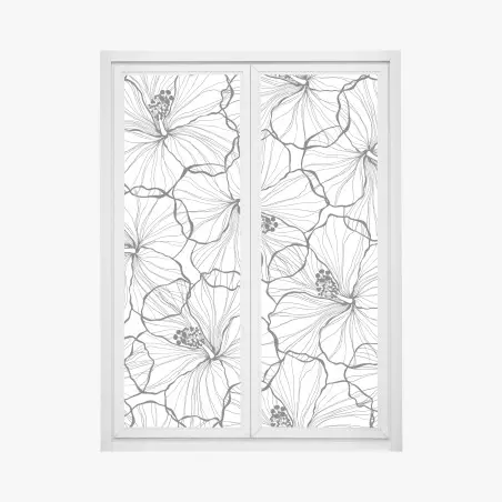 Window decal black and white hibiscus line art pattern • Wallissimo®