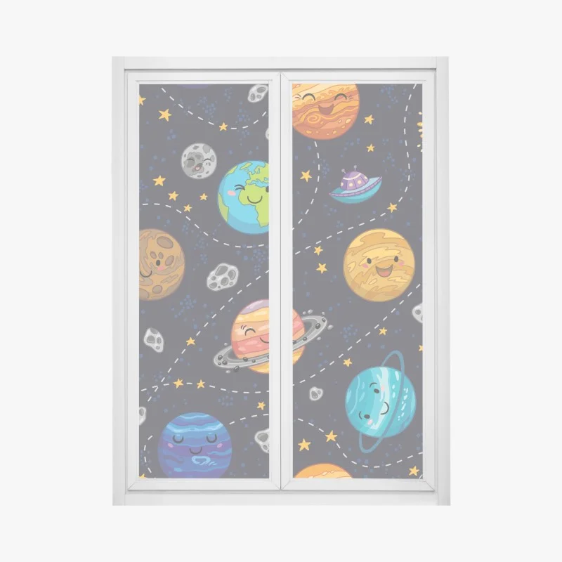Window decal smiling planets in playful space pattern