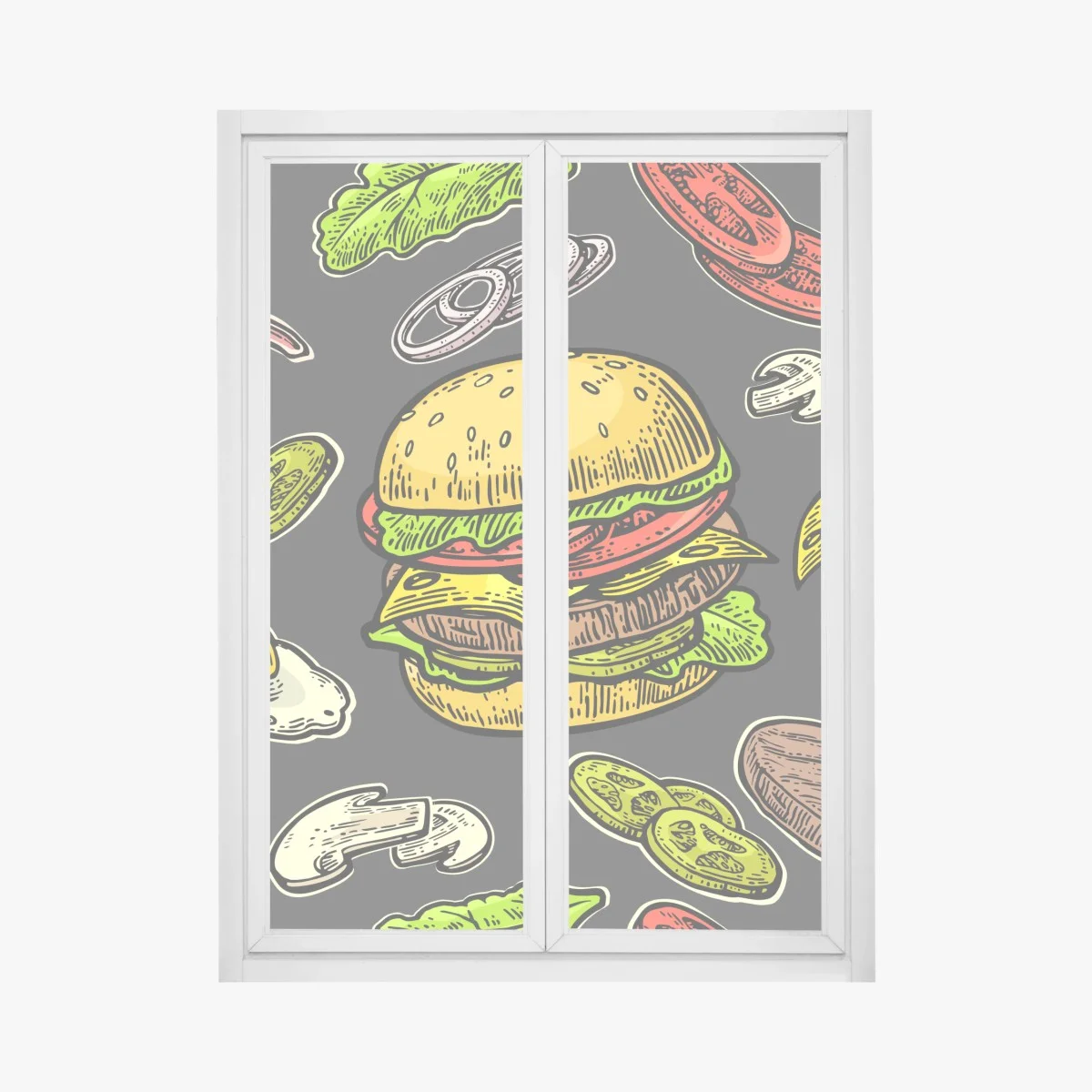 Window decal colorful burger ingredients pattern ⁕ Wallissimo® Window decal colorful burger ingredients pattern ⁕ Wallissimo®
