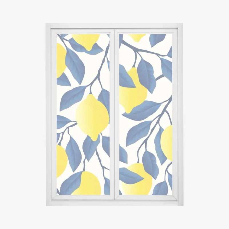Window decal vibrant lemon pattern with blue leaves