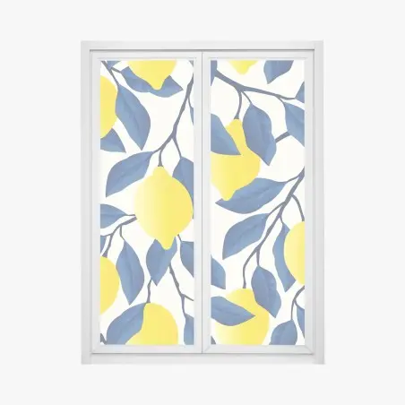 Window decal vibrant lemon pattern with blue leaves • Wallissimo®