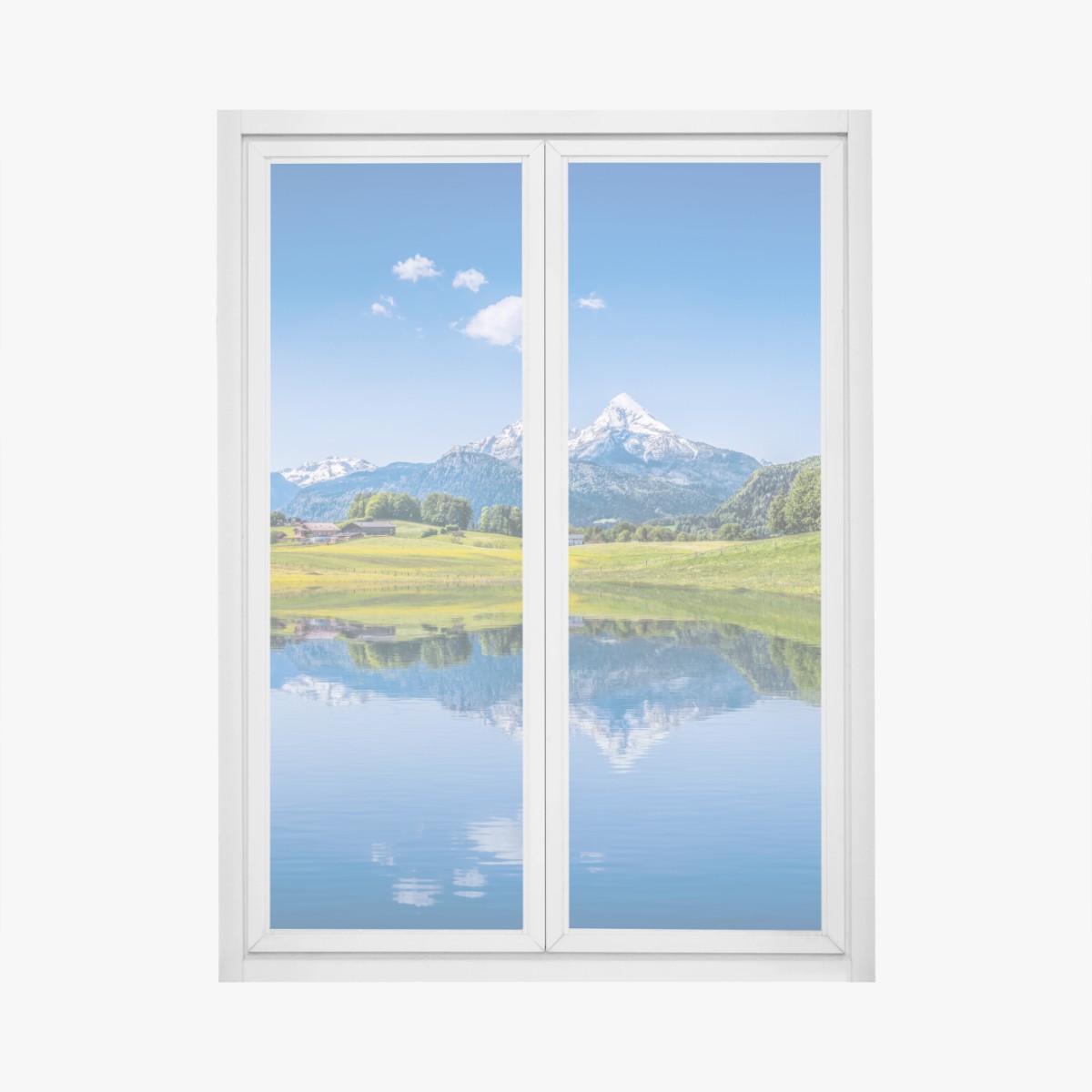 Window decal alpine mirror: serene mountain reflection • Wallissimo® Window decal alpine mirror: serene mountain reflection • Wallissimo®