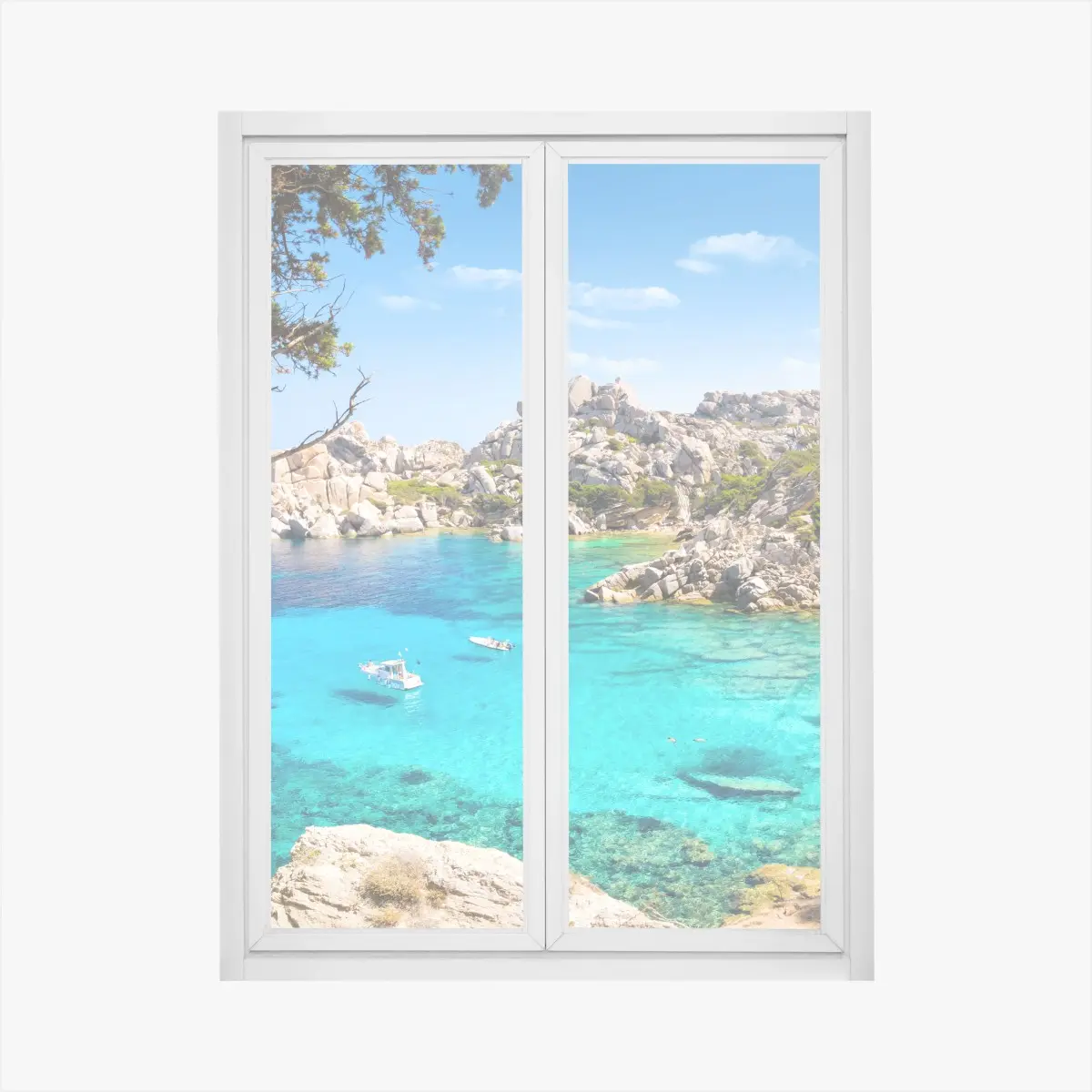 Window decal turquoise coastal cove with boats • Wallissimo® Window decal turquoise coastal cove with boats • Wallissimo®