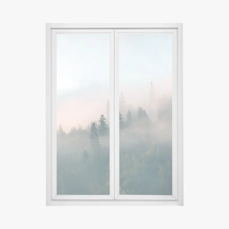 Window decal misty morning forest landscape