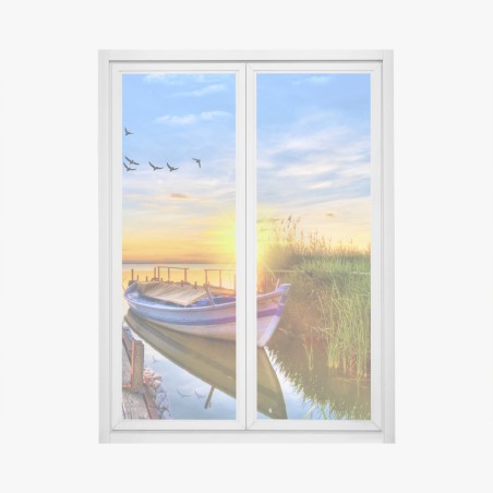 Window decal sunset boat at tranquil lake pier • Wallissimo®