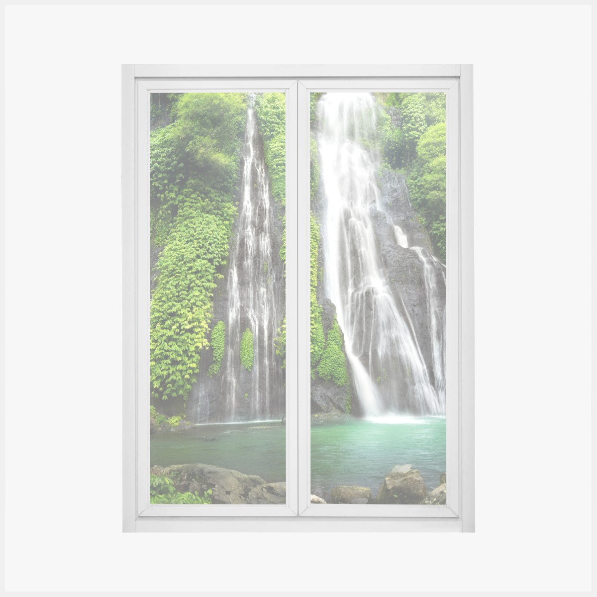 Window decal serene waterfall in emerald forest • Wallissimo® Window decal serene waterfall in emerald forest • Wallissimo®