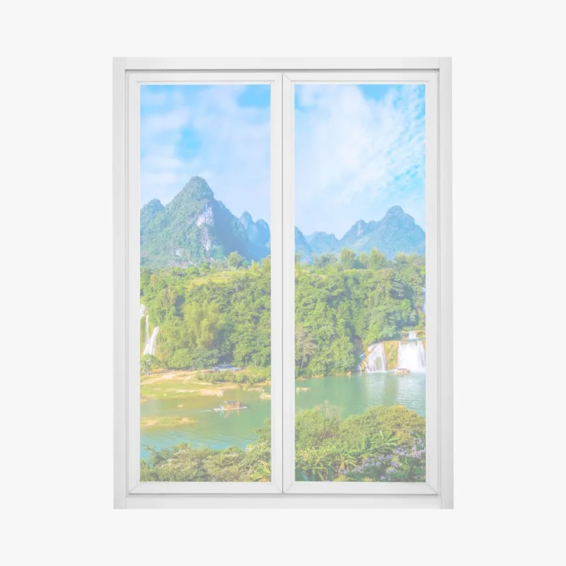 Window decal lush waterfall panorama with karst mountains