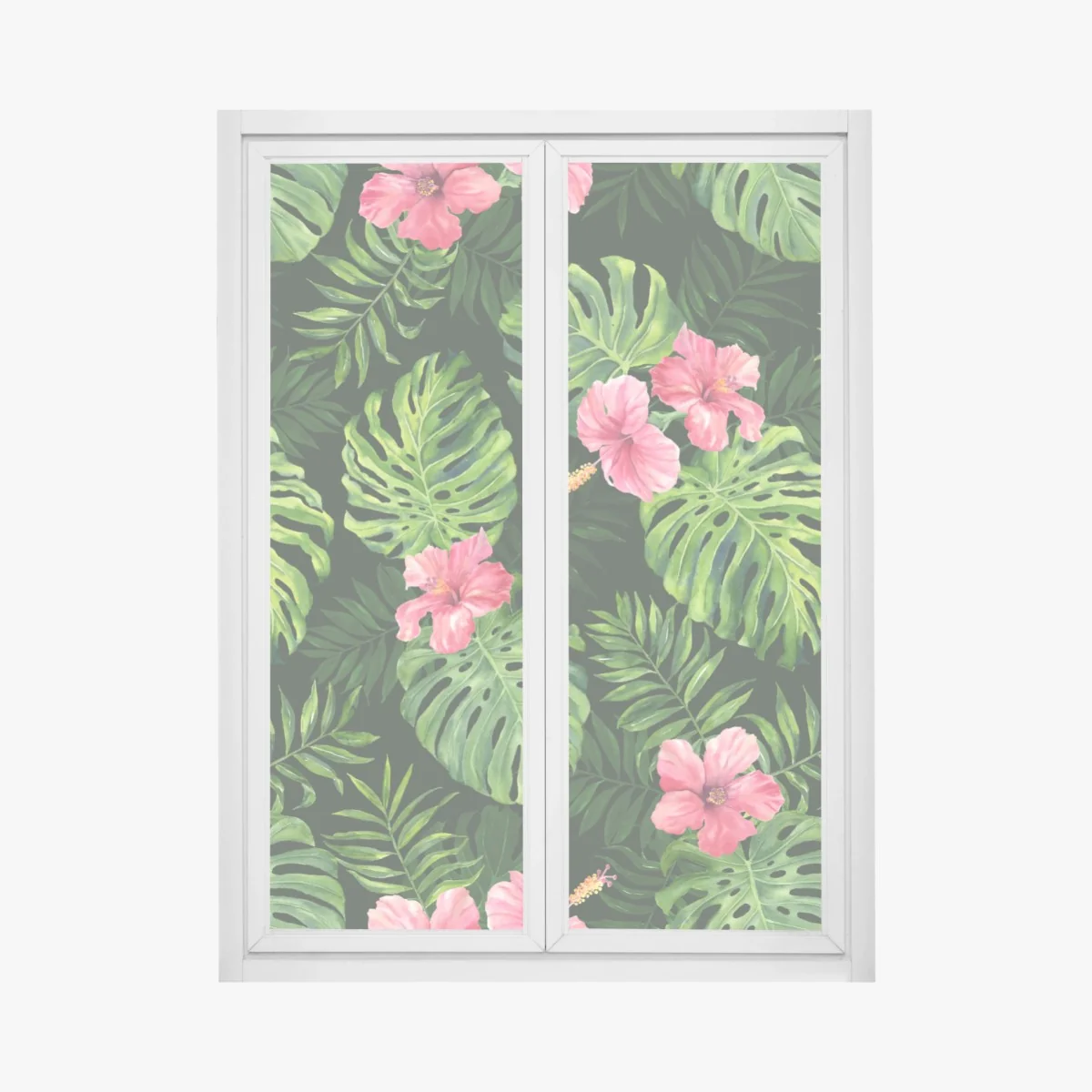 Window decal tropical monstera and hibiscus botanical pattern • Wallissimo® Window decal tropical monstera and hibiscus botanical pattern • Wallissimo®