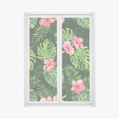 Window decal tropical monstera and hibiscus botanical pattern • Wallissimo®