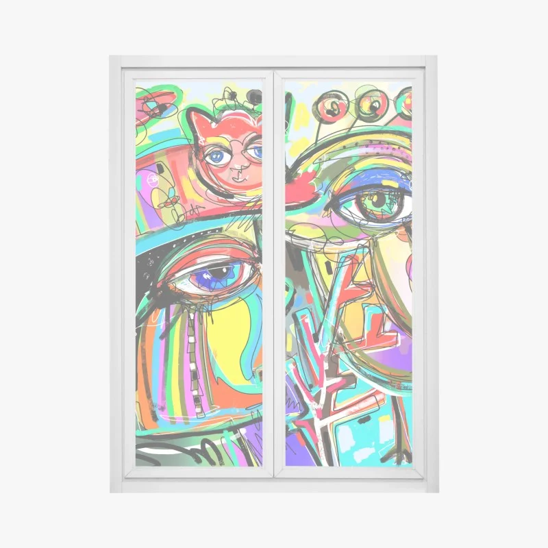 Window decal vibrant abstract faces with cat and bird