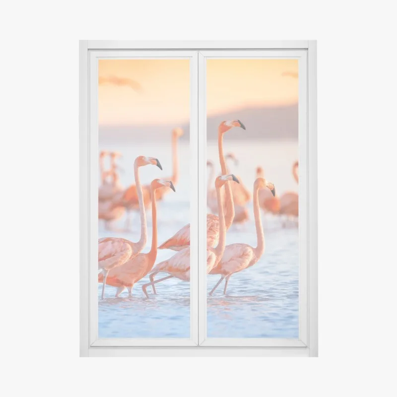 Window decal pink flamingos at sunset