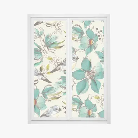 Window decal retro teal floral and bird pattern • Wallissimo®